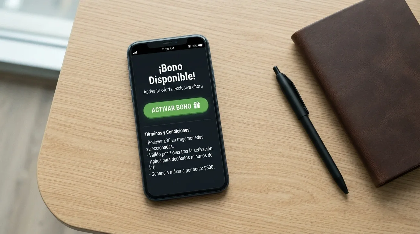 Pantalla de activación de un bono sin depósito con los términos y condiciones desplegados