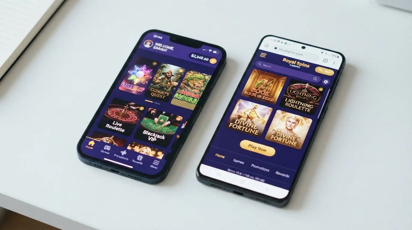 Dos pantallas de móvil una al lado de la otra: a la izquierda el icono de una app de casino descargada, a la derecha el mismo casino abierto en el navegador del teléfono