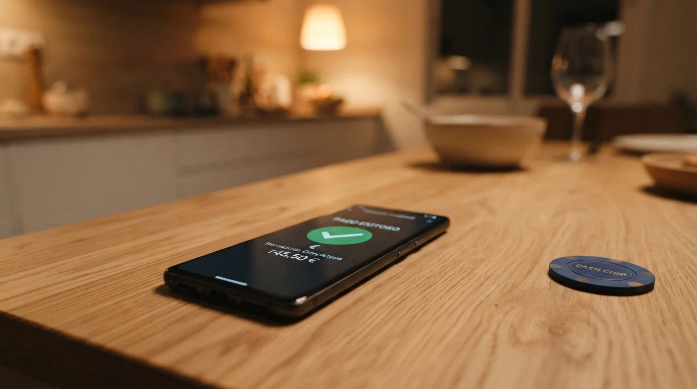 Un iPhone apoyado sobre una mesa con la pantalla mostrando el símbolo de Apple Pay completado junto al saldo acreditado en un casino español