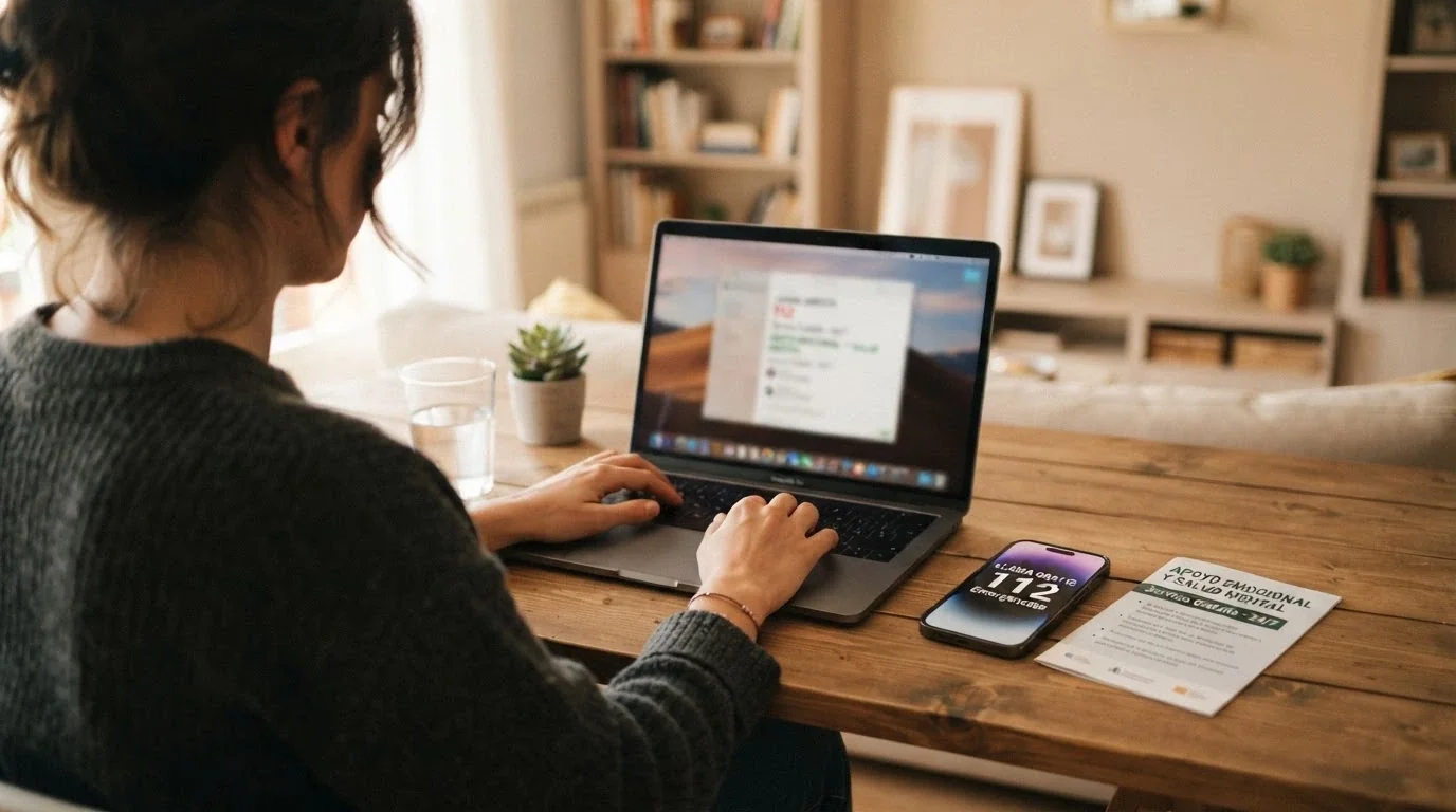 Manos sobre un teclado junto a un teléfono móvil con el número 900 200 225 en pantalla