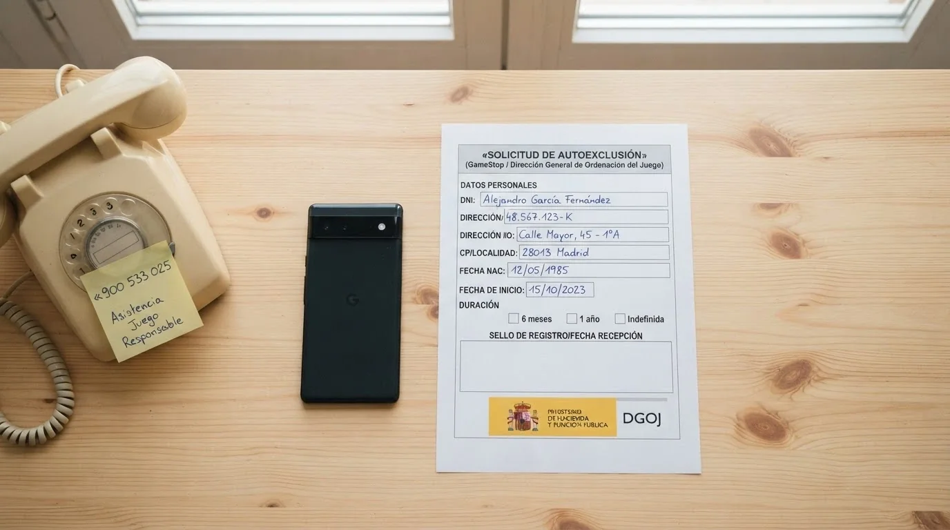 Un formulario del RGIAJ sobre una mesa junto a un móvil con la pantalla apagada y un teléfono fijo con el número 900 533 025 visible en una nota adhesiva