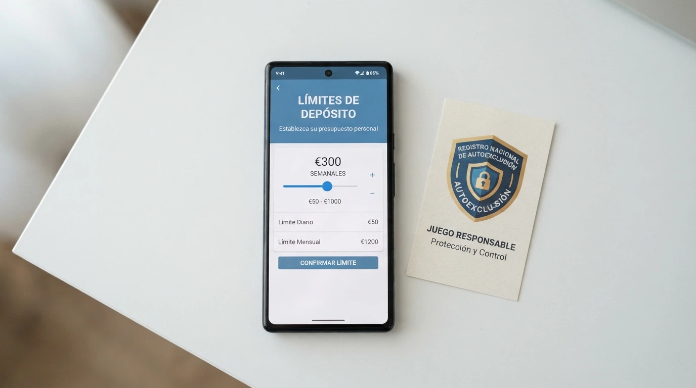 Un teléfono móvil con la pantalla de configuración de límites de depósito de un casino, junto a un icono del RGIAJ