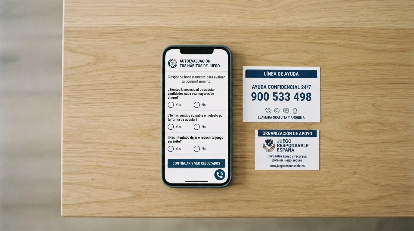 Un teléfono móvil con la pantalla del cuestionario de autoevaluación de la DGOJ junto a las tarjetas de contacto de FEJAR y Jugadores Anónimos