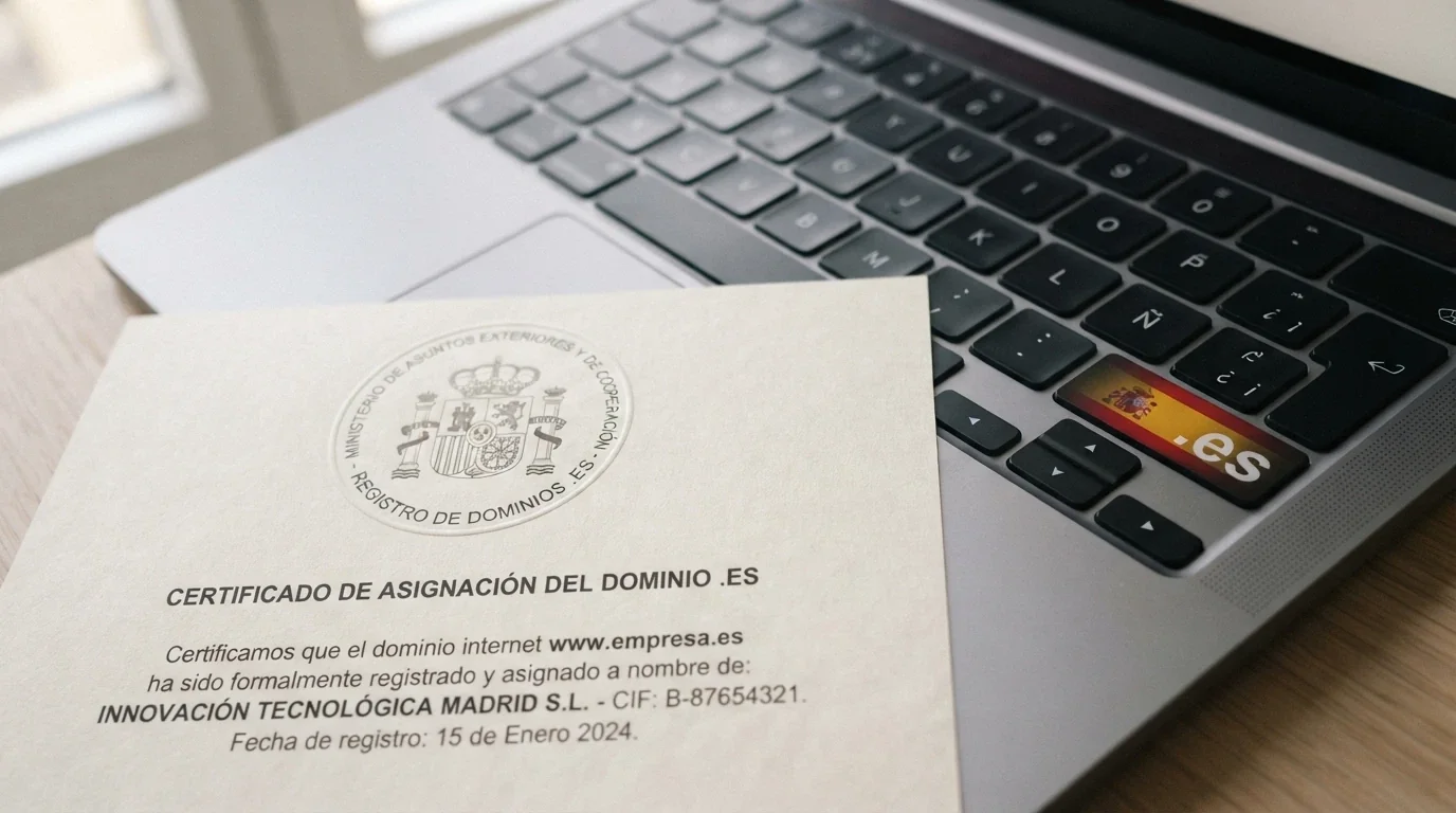 Un teclado con la bandera de España reflejada en una tecla que lleva grabado el dominio .es, junto a un documento oficial con el sello de la DGOJ
