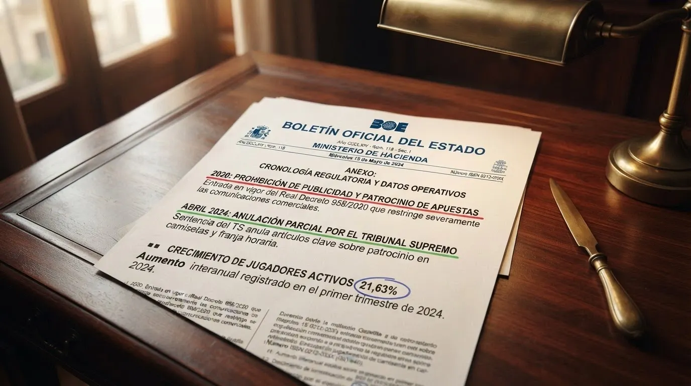 Captura del BOE con el calendario normativo: prohibición 2020, anulación parcial abril 2024, datos de crecimiento de jugadores activos