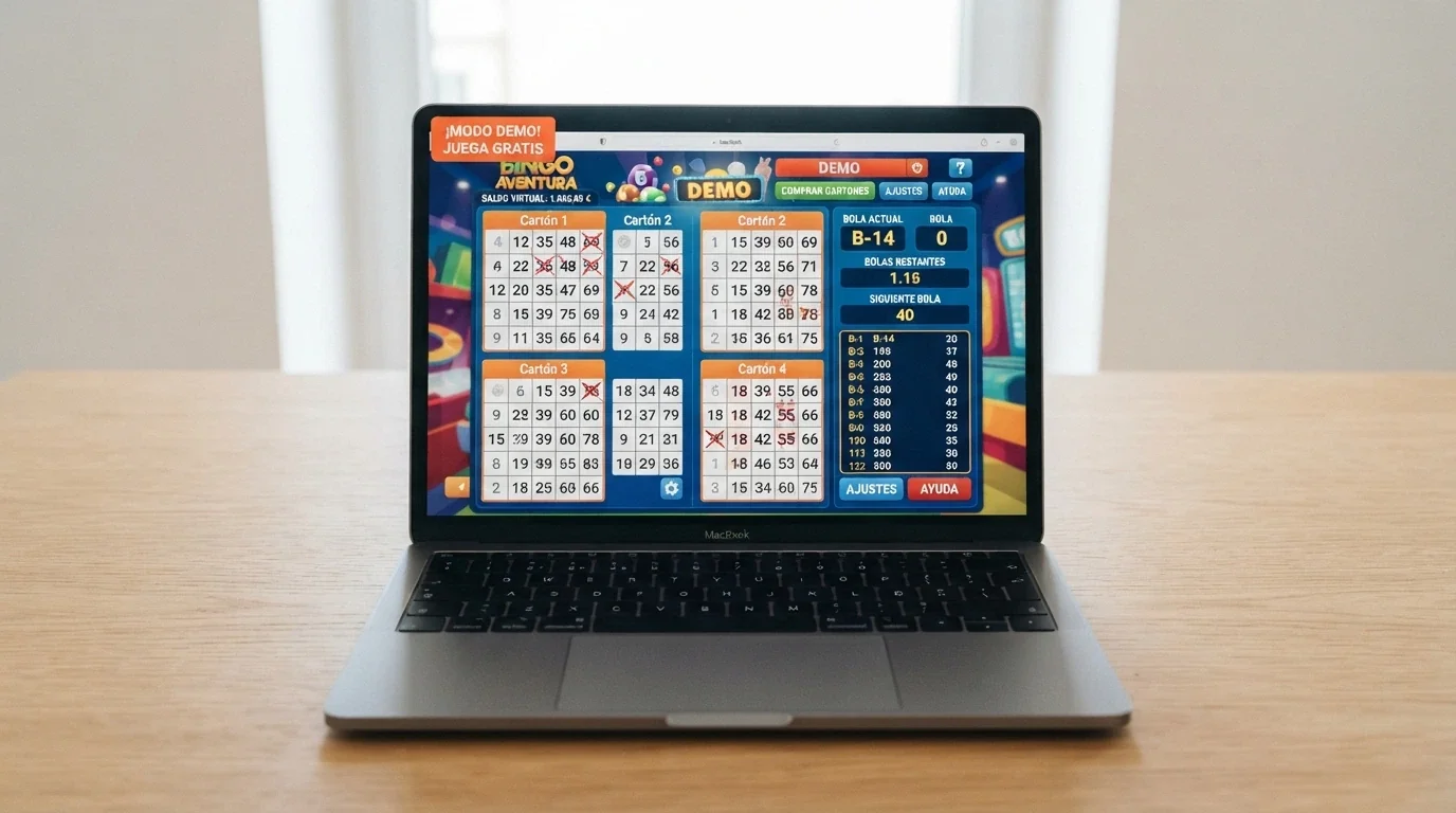 Pantalla de un juego de bingo en modo demo con el indicador de saldo ficticio visible y cartones gratuitos activos