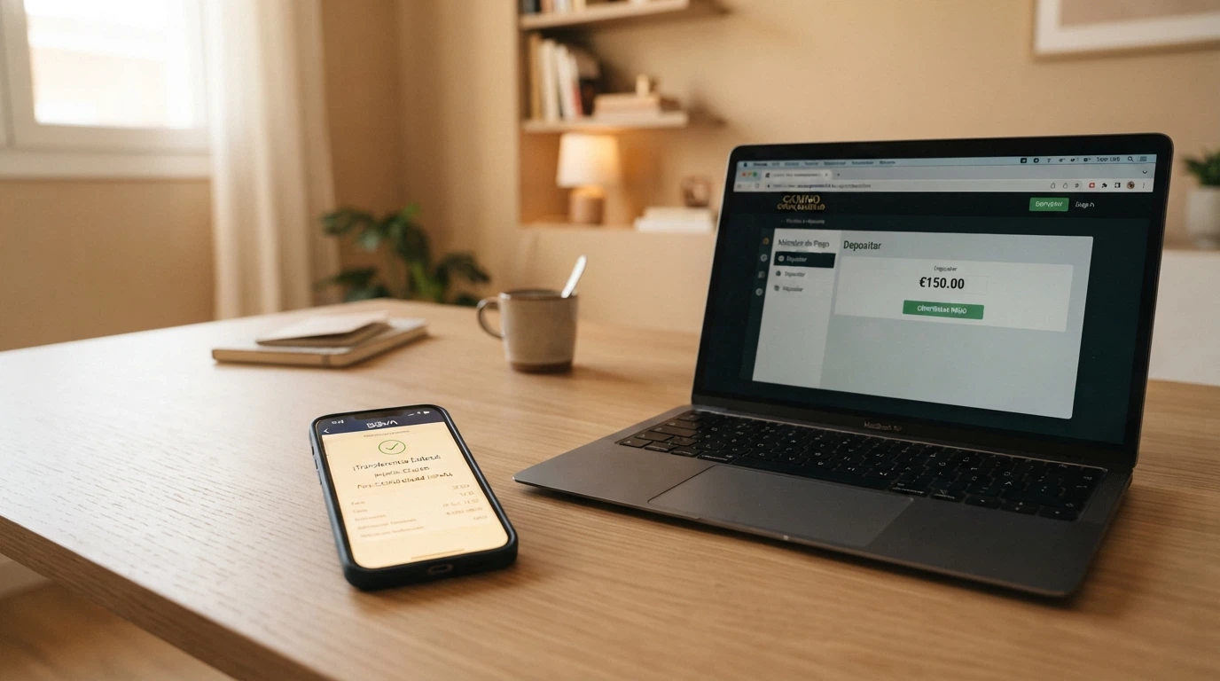 Móvil con la app de Bizum abierta mostrando una transferencia junto a la pantalla de depósito de un casino con dominio .es