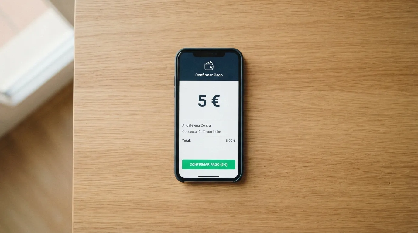Un teléfono móvil mostrando la app de Bizum con el importe de 5 € y el logotipo de un casino online como destinatario de la transferencia