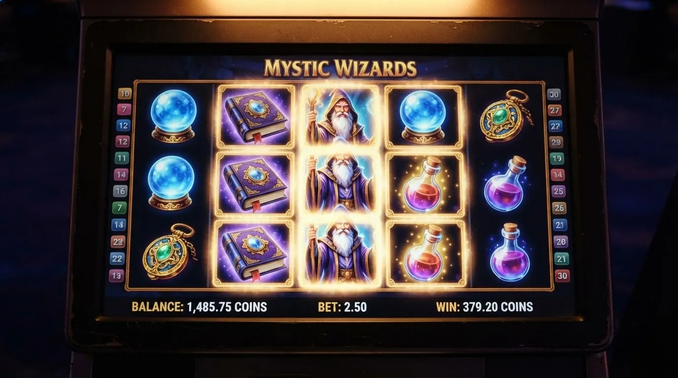 Captura del juego Blue Wizard Fire Blaze mostrando sus 5 rodillos, 3 filas y los símbolos de bonificación