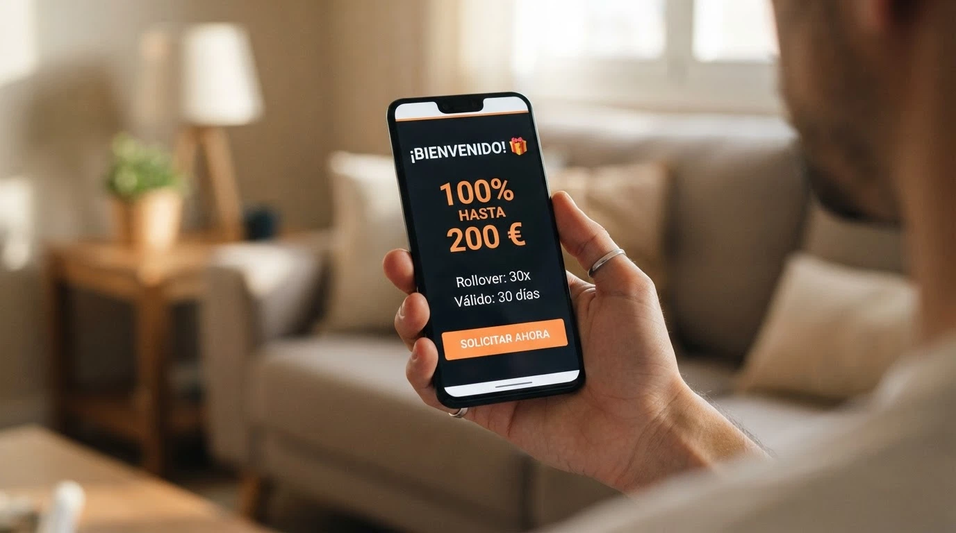 Una mano sosteniendo un móvil con una pantalla de bono de bienvenida donde se leen claramente los términos: «100% hasta 200 €», «rollover 30x» y «válido 30 días»