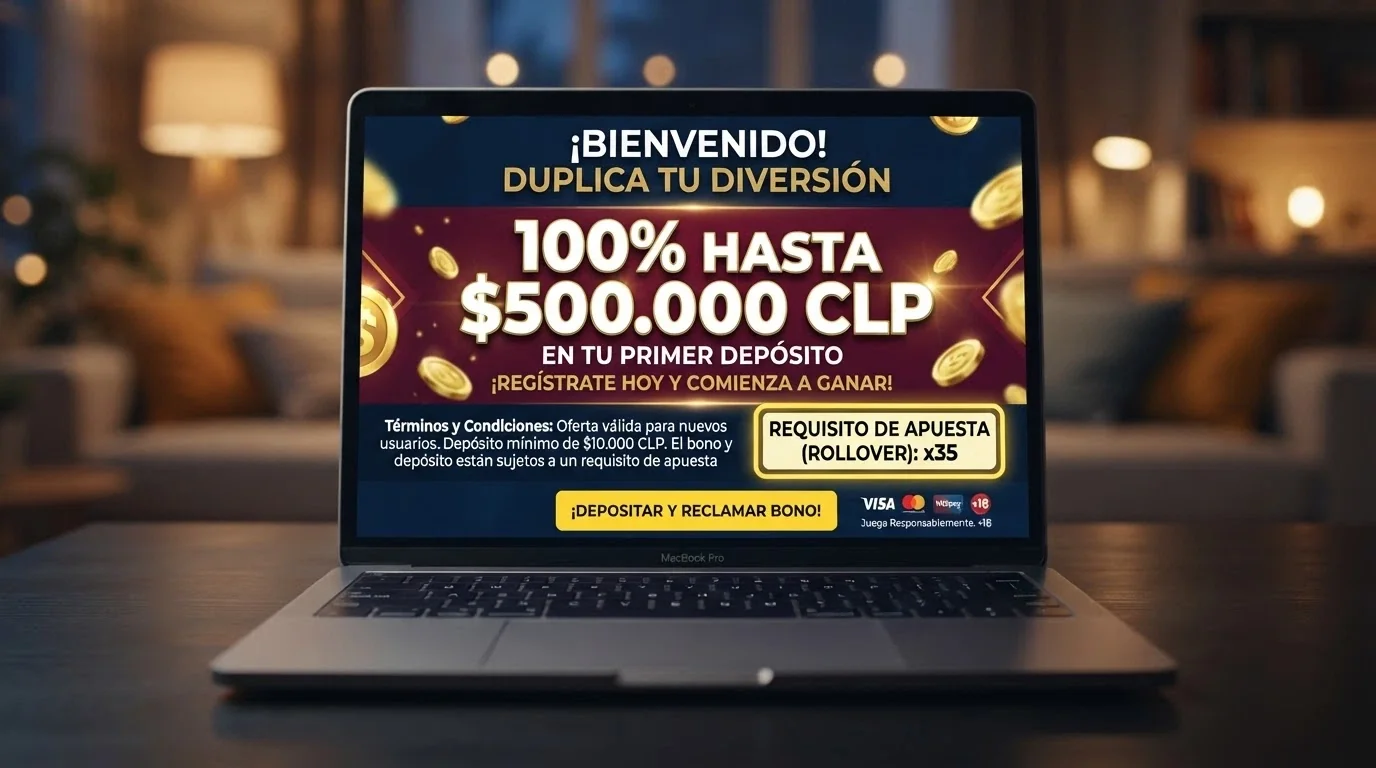 Pantalla promocional de bono de bienvenida en un casino online, con el porcentaje de bonificación y la letra pequeña del wagering
