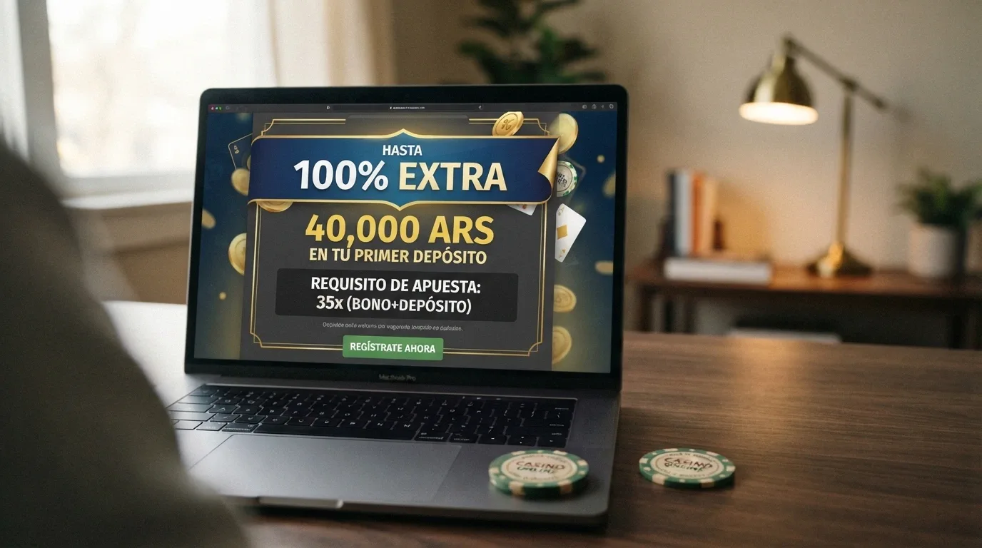 Pantalla de ordenador mostrando una oferta de bono de bienvenida con el importe, el porcentaje de match y las condiciones de apuesta resaltadas