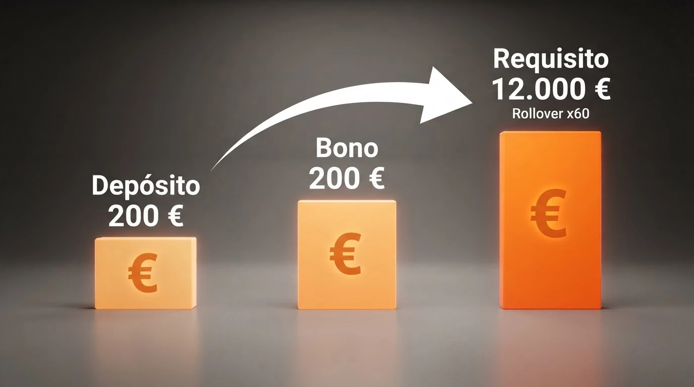 Gráfico que ilustra el recorrido de un bono de bienvenida del 100% hasta 200€ con su rollover, desde el depósito inicial hasta el requisito de apuesta cumplido