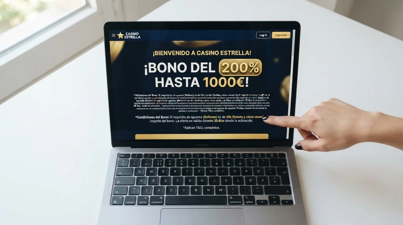 Pantalla de bienvenida de un casino online mostrando una oferta del 200% con condiciones en letra pequeña visibles bajo el reclamo principal