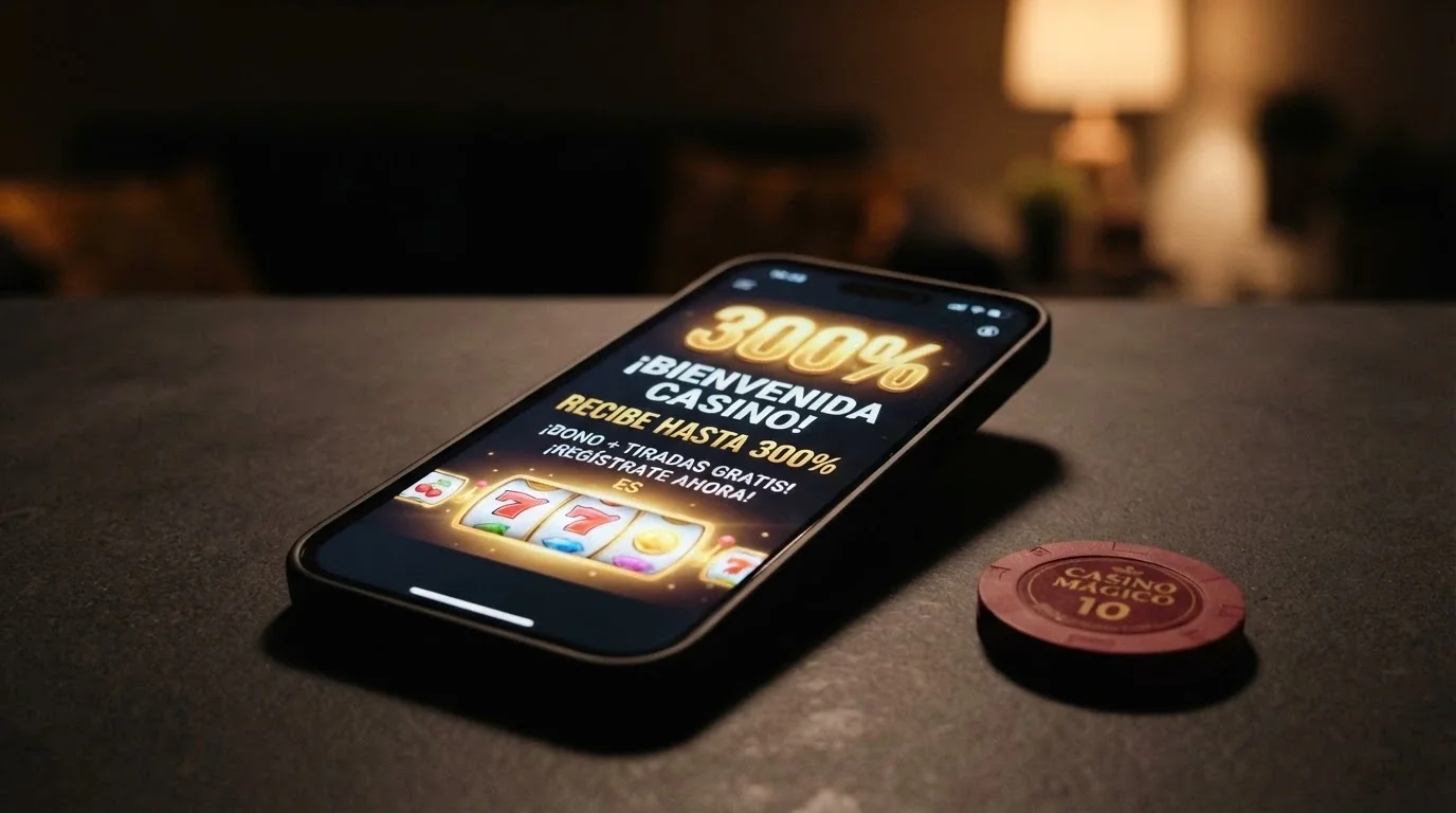 Pantalla promocional de un casino online con el bono de bienvenida y las condiciones destacadas