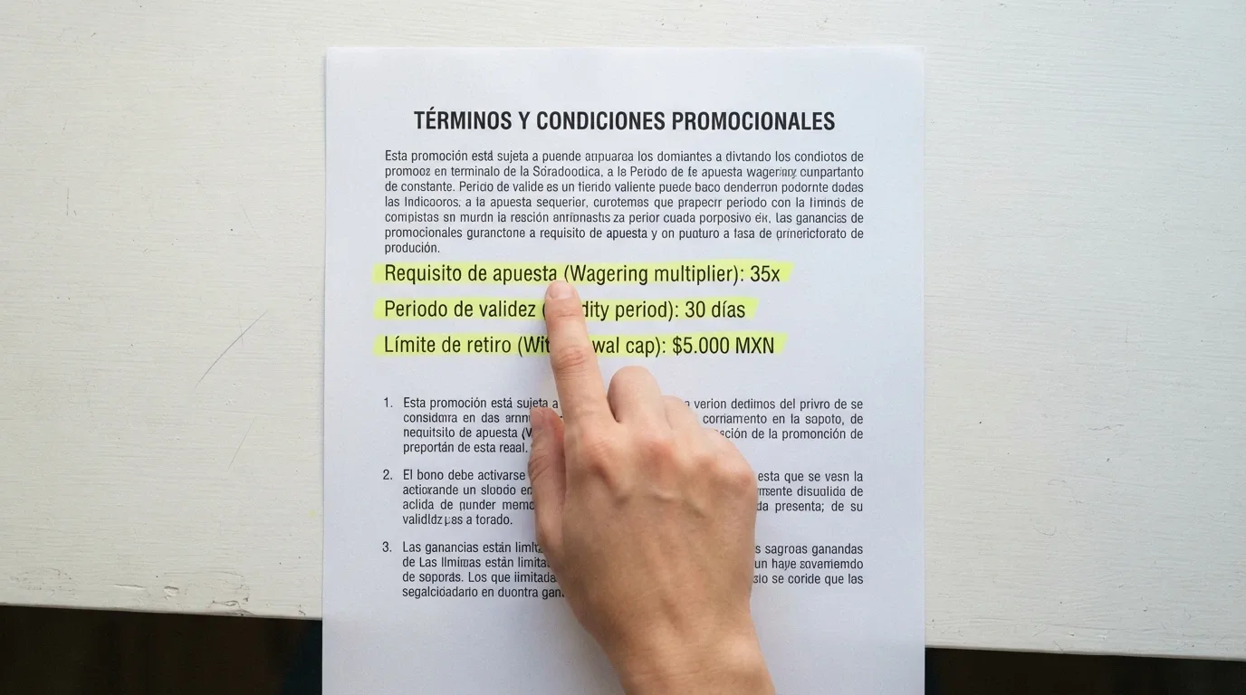 Primer plano de los términos y condiciones de un bono de casino online, con las cifras de wagering, validez y límite de retiro subrayadas