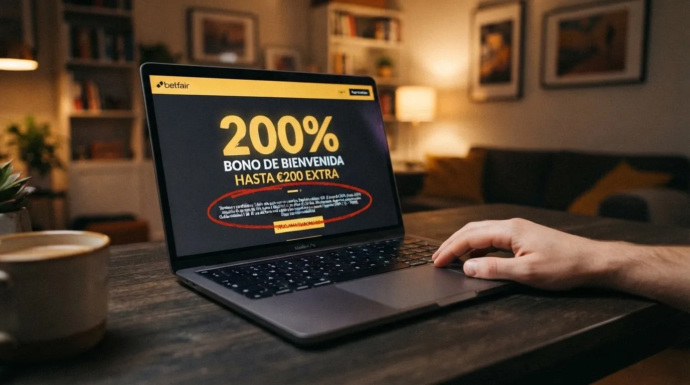 Una pantalla de casino online con el banner de un bono de bienvenida del 200% y, en letra pequeña, las condiciones de wagering resaltadas con un círculo