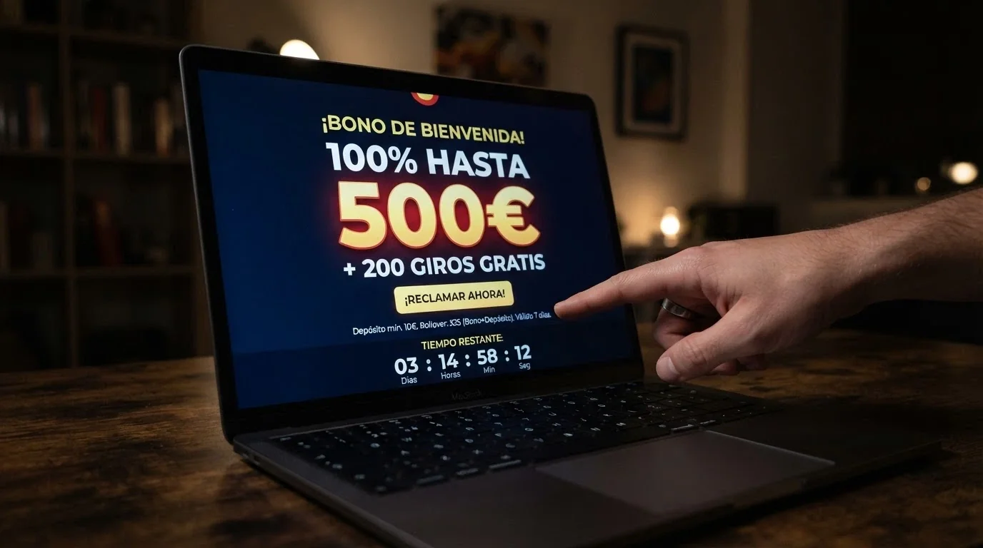 El primer plano de una pantalla de promoción de bono de bienvenida en un casino online con el porcentaje del bono resaltado y, en letra más pequeña debajo, los términos de rollover.