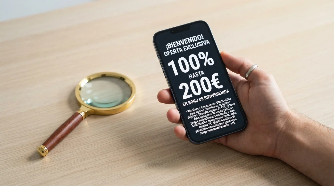 Primer plano de una mano sosteniendo un teléfono con una pantalla de bono de bienvenida, y una lupa sobre la letra pequeña de los términos y condiciones