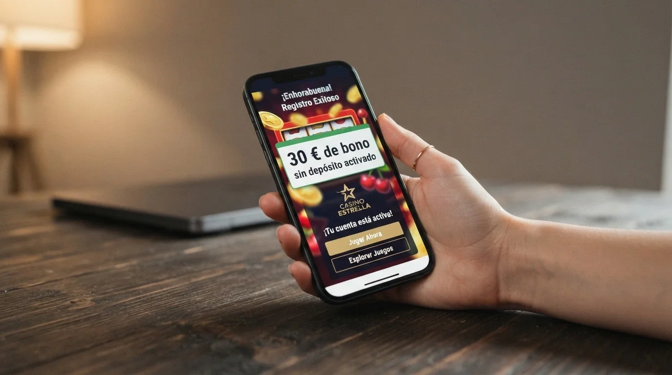 Una pantalla de registro completado en un casino con una notificación emergente de «30€ de bono sin depósito activado» sobre fondo de slots