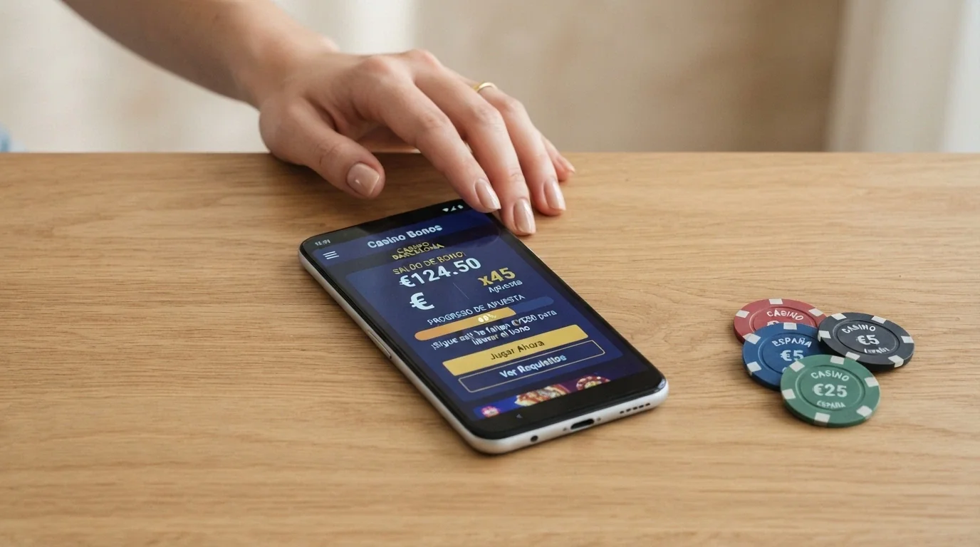 Teléfono móvil mostrando el saldo de bono y los requisitos de apuesta de una promoción de tiradas gratis