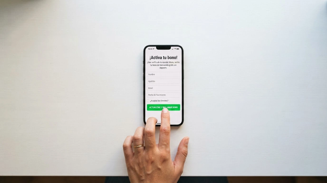 Formulario de registro en un casino online con el texto de activación del bono sin depósito visible en pantalla
