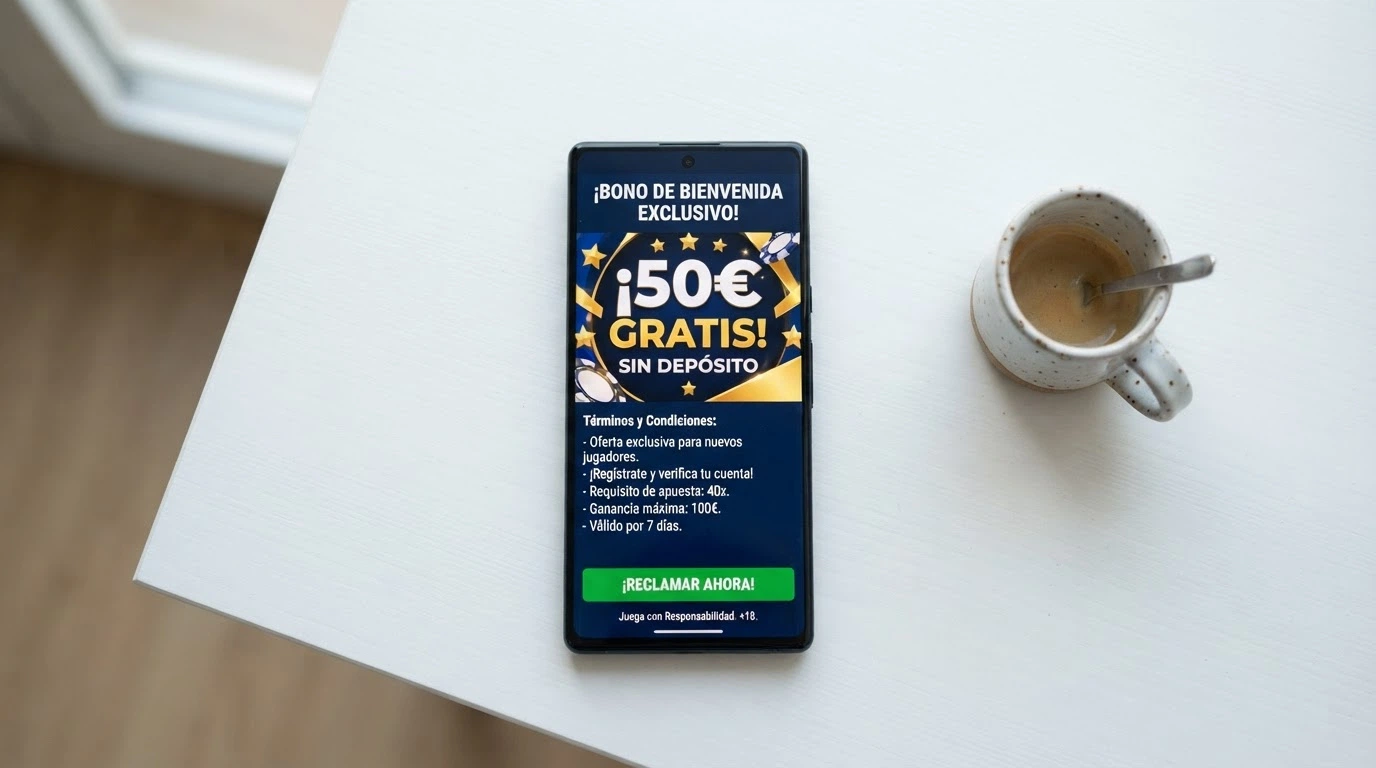 Interfaz de un casino online español mostrando una oferta de bono sin depósito por registro con sus condiciones en pantalla