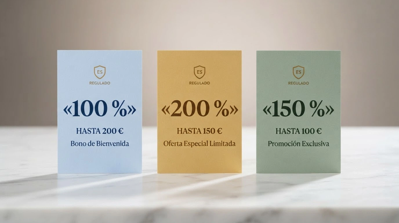 Tres tarjetas de ofertas de bienvenida alineadas, cada una mostrando un porcentaje de bonificación y un tope en euros junto al logo de un operador con dominio .es
