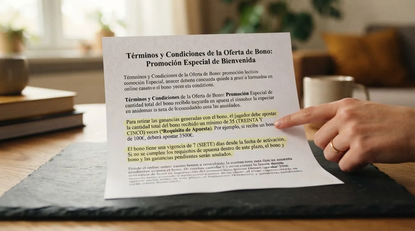 Primer plano de la sección de términos y condiciones de un bono de casino online, con el wagering y la fecha de validez resaltados