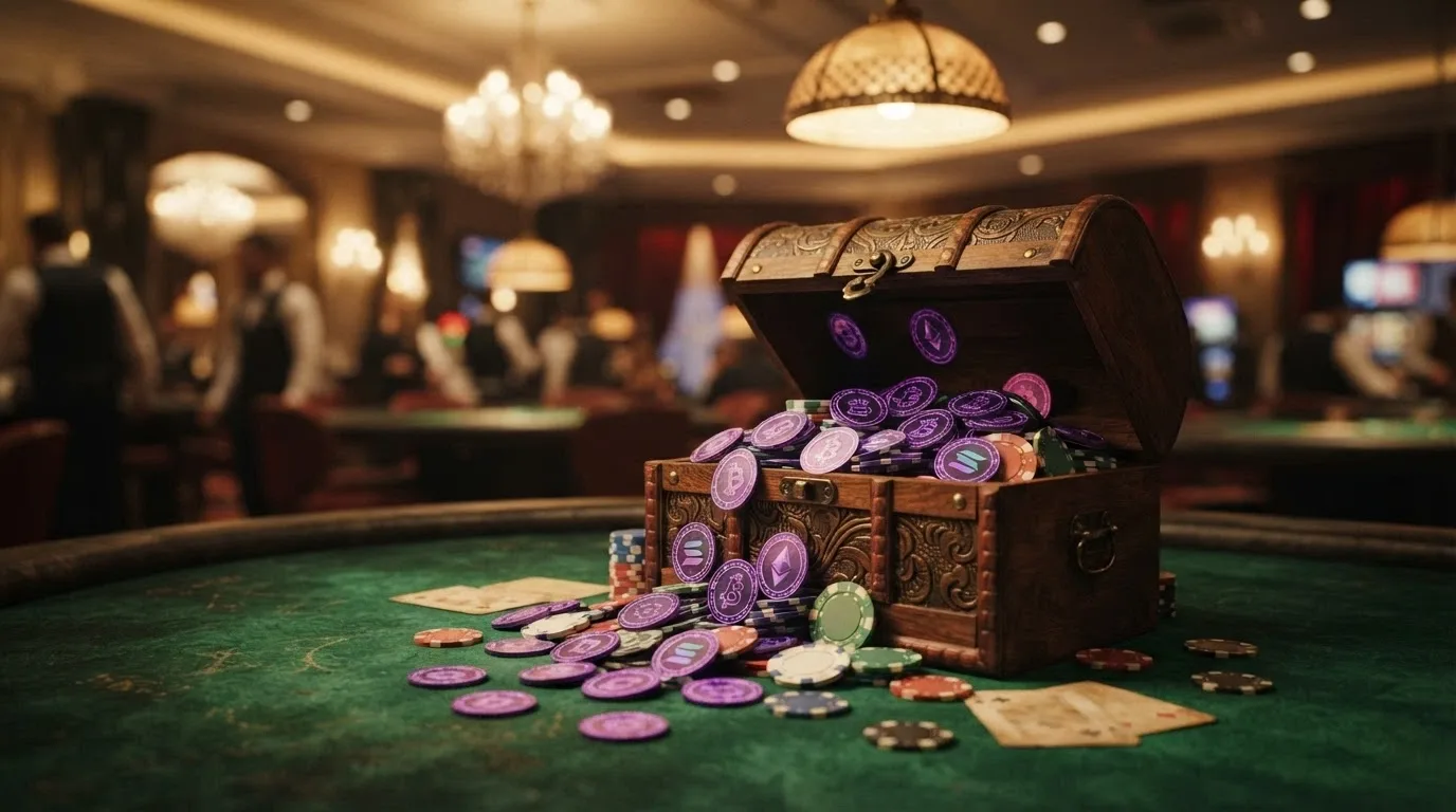 Un cofre del tesoro abierto del que salen monedas TRX y fichas de giros gratis sobre el tapete verde de un casino