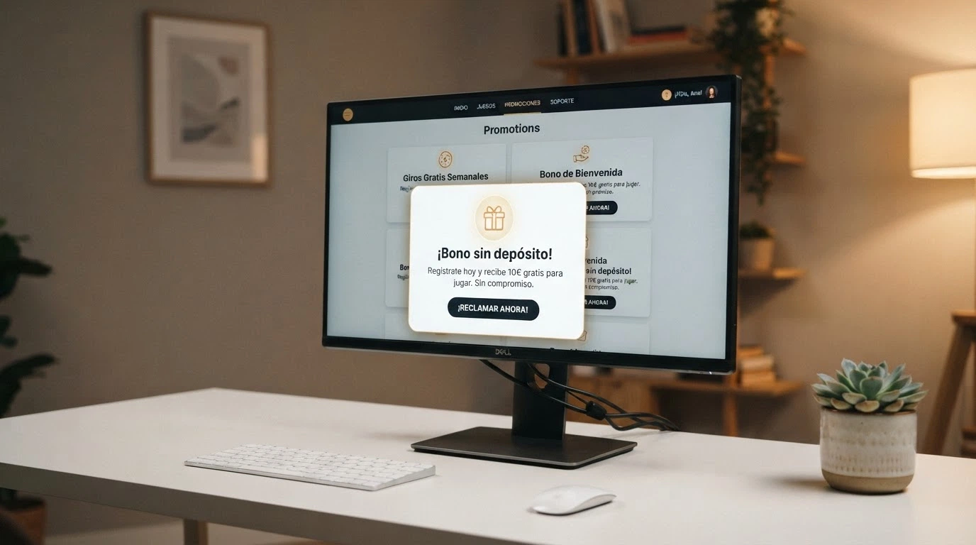 Ordenador mostrando la sección de promociones de un casino español con una oferta de bono sin depósito destacada en primer plano