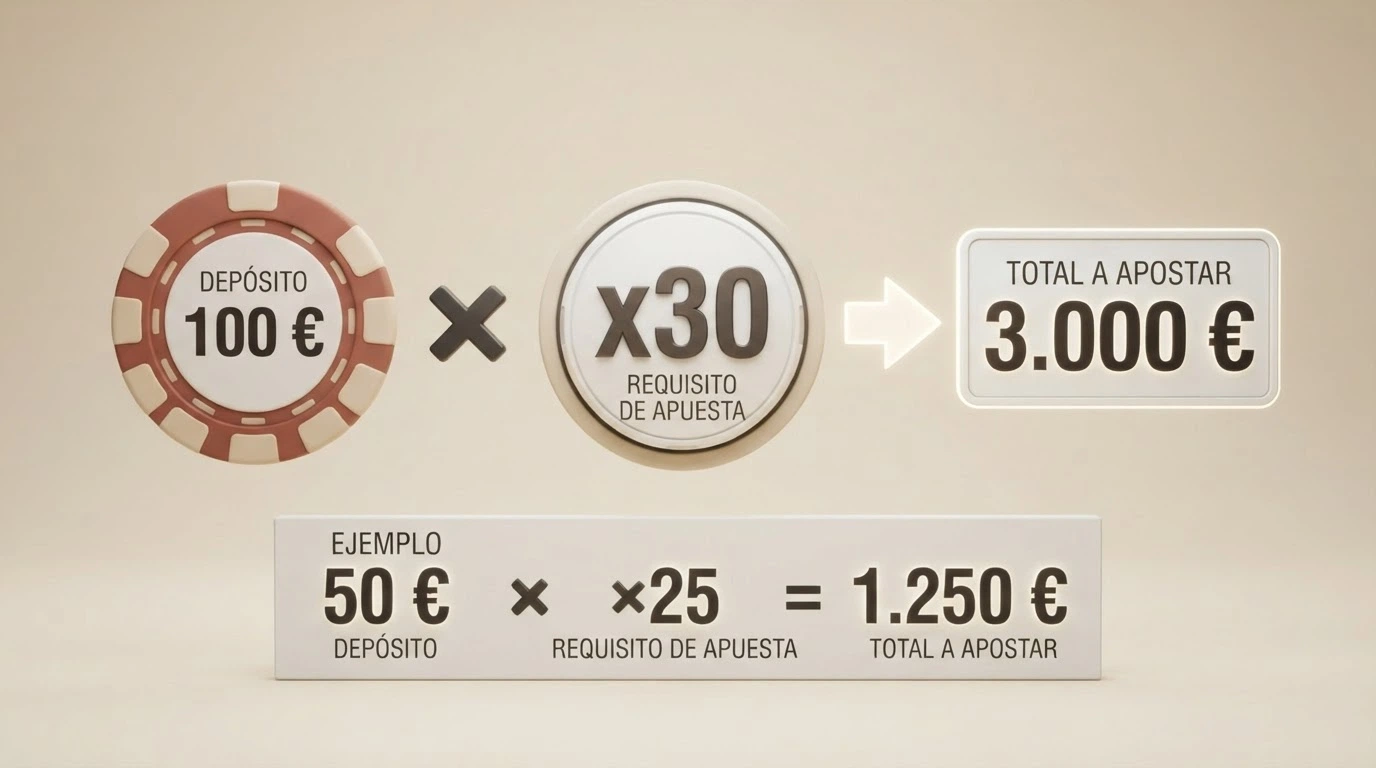 Diagrama que muestra la fórmula: valor del bono × multiplicador de rollover = volumen total de apuesta requerido, con ejemplo numérico