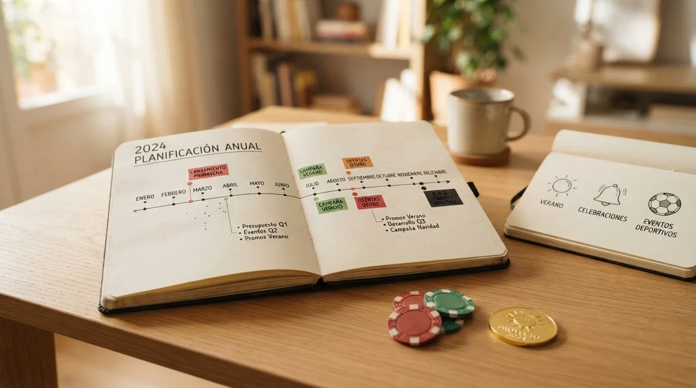 Calendario con iconos de temporada (verano, campana de cumpleaños, balón de evento deportivo) junto a fichas de promociones