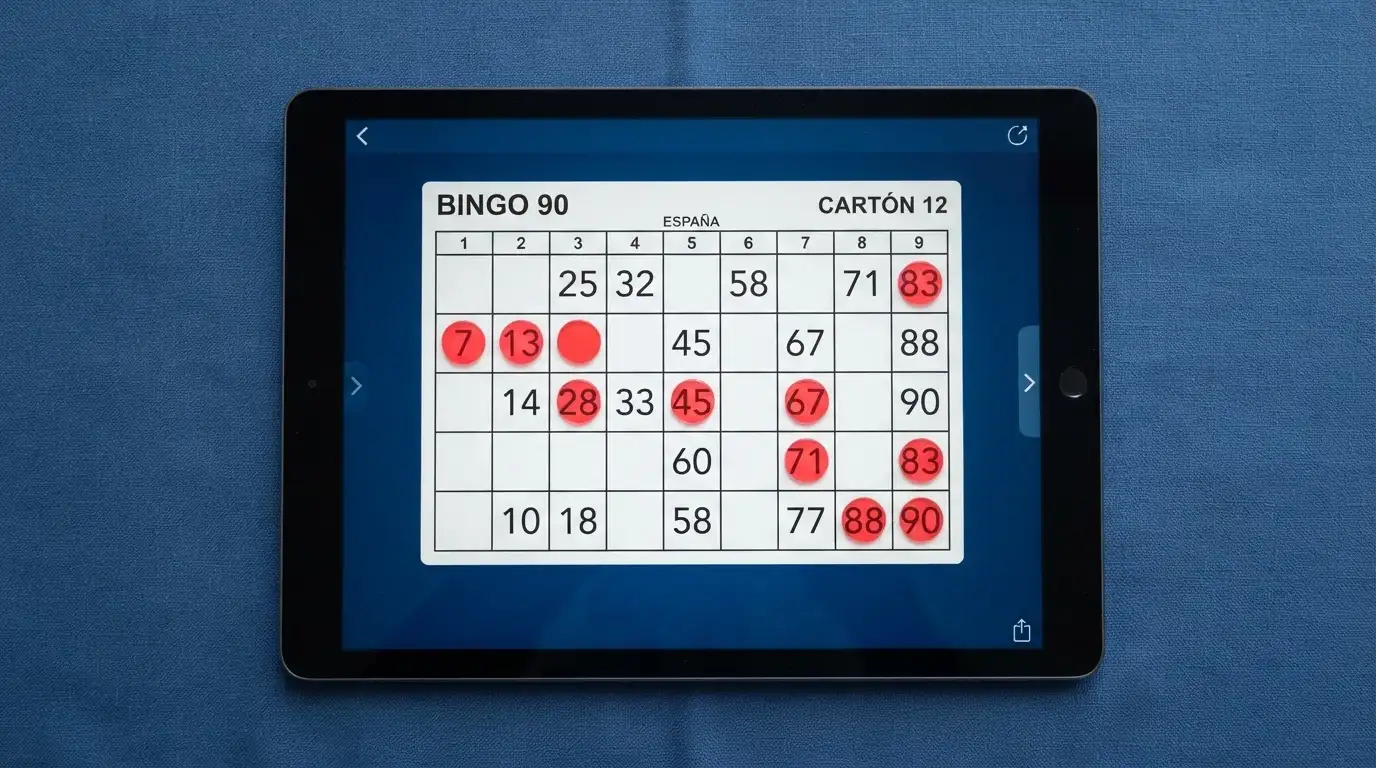 Primer plano de un cartón digital de bingo de 90 bolas con quince números repartidos en tres filas y nueve columnas sobre fondo azul