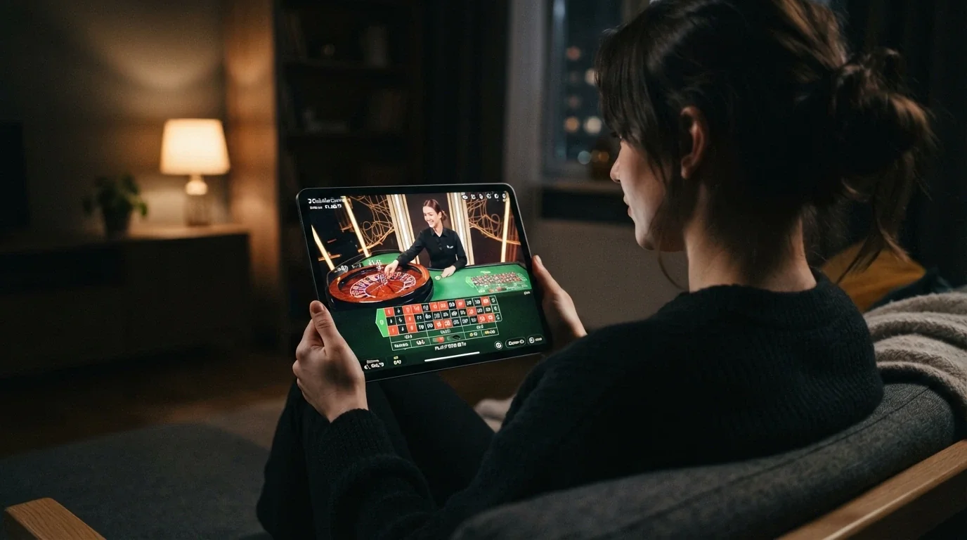 Un crupier real detrás de una mesa de ruleta filmado en un estudio, con la interfaz de apuestas superpuesta sobre la imagen en la pantalla de un teléfono