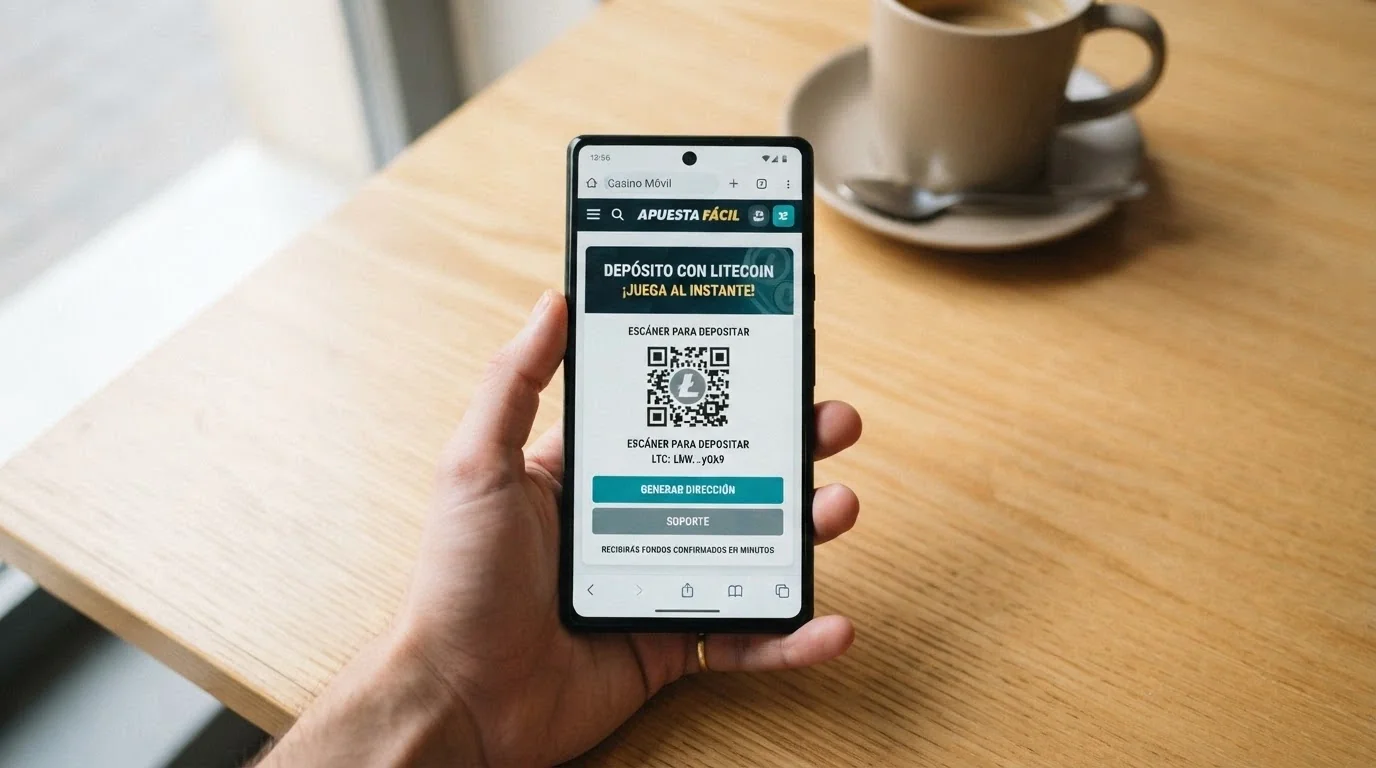Un teléfono móvil mostrando un casino online en el navegador, con el código QR de una dirección Litecoin listo para escanear