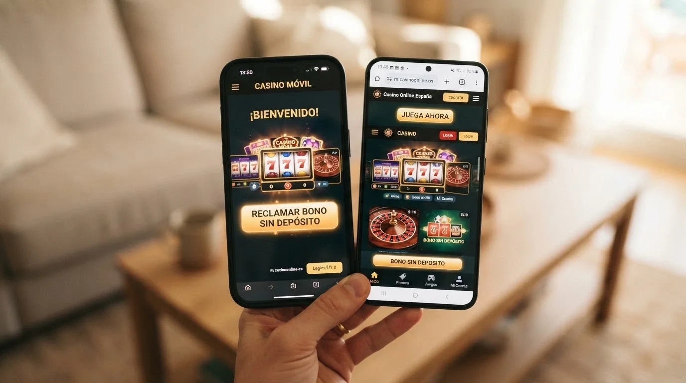 Dos manos sosteniendo sendos móviles: una muestra una app de casino con el botón «bono sin depósito», la otra la misma pantalla en el navegador