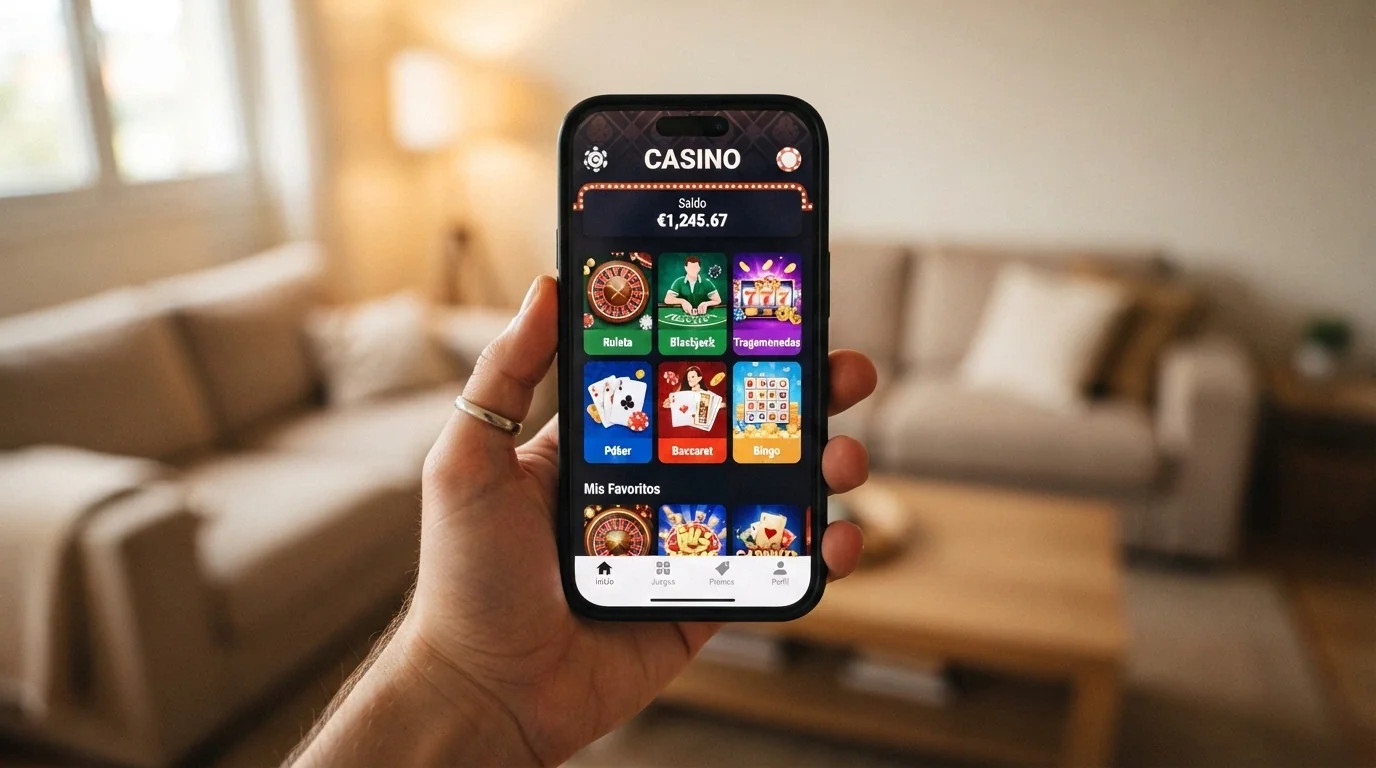 Un teléfono mostrando la interfaz de un casino online con el saldo en BNB visible, sostenido en la mano