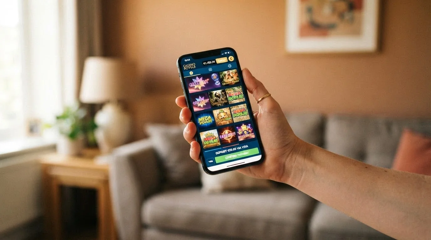Mano sosteniendo un teléfono móvil con la pantalla de un casino online abierta y el icono de Apple Pay visible en la sección de cajero