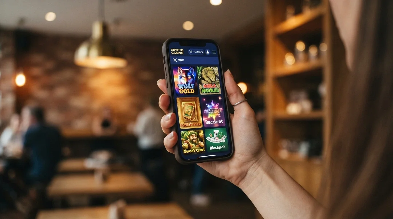Mano sosteniendo un teléfono móvil con la pantalla mostrando un casino online abierto en el navegador, con el logo de XRP visible