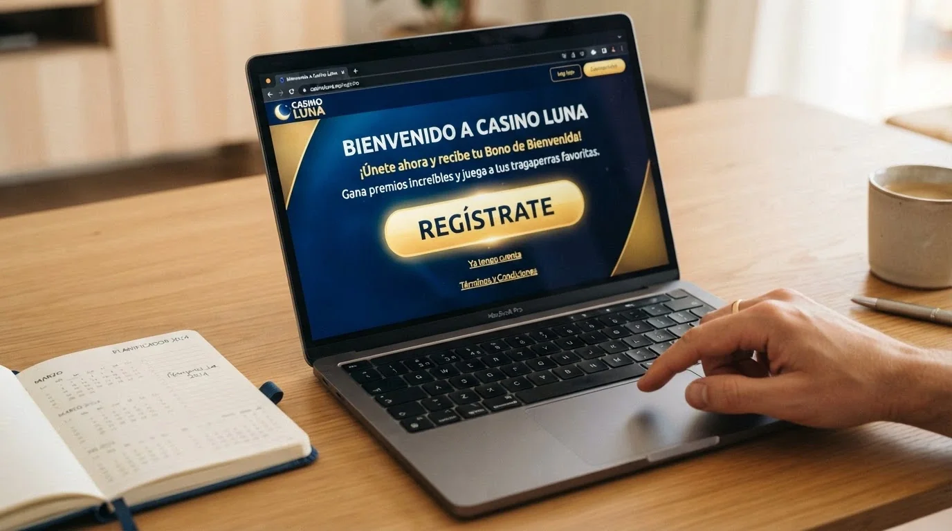 Pantalla de bienvenida de un casino online con el mensaje «regístrate y reclama tu bono» y un calendario marcando el año 2026
