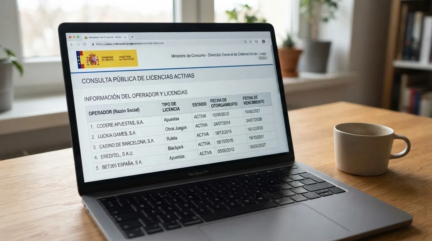 La ficha de un operador en la web de la DGOJ (ordenacionjuego.es) con los datos de licencia visibles en pantalla