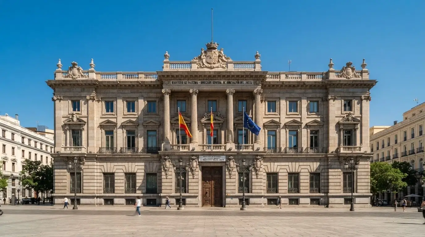 La fachada de la sede de la DGOJ en Madrid junto a la bandera de España y la bandera de la Unión Europea