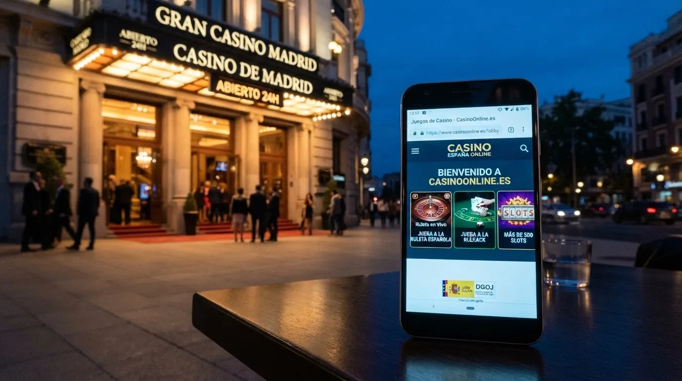 Un casino físico español con su fachada junto a la pantalla de inicio de un casino online con dominio .es