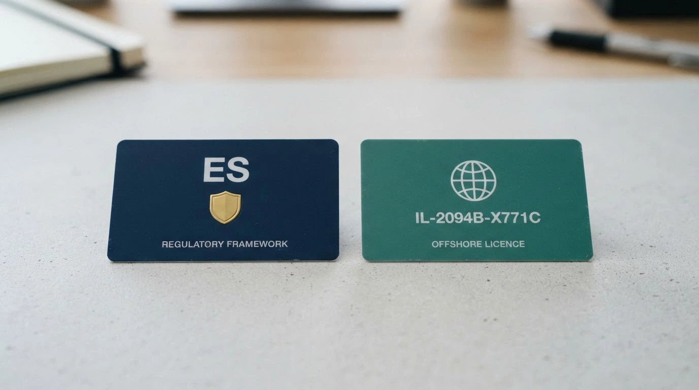 Dos tarjetas identificativas una al lado de la otra: una con el sello de la DGOJ y el dominio .es, otra con el logotipo de una licencia internacional de juego