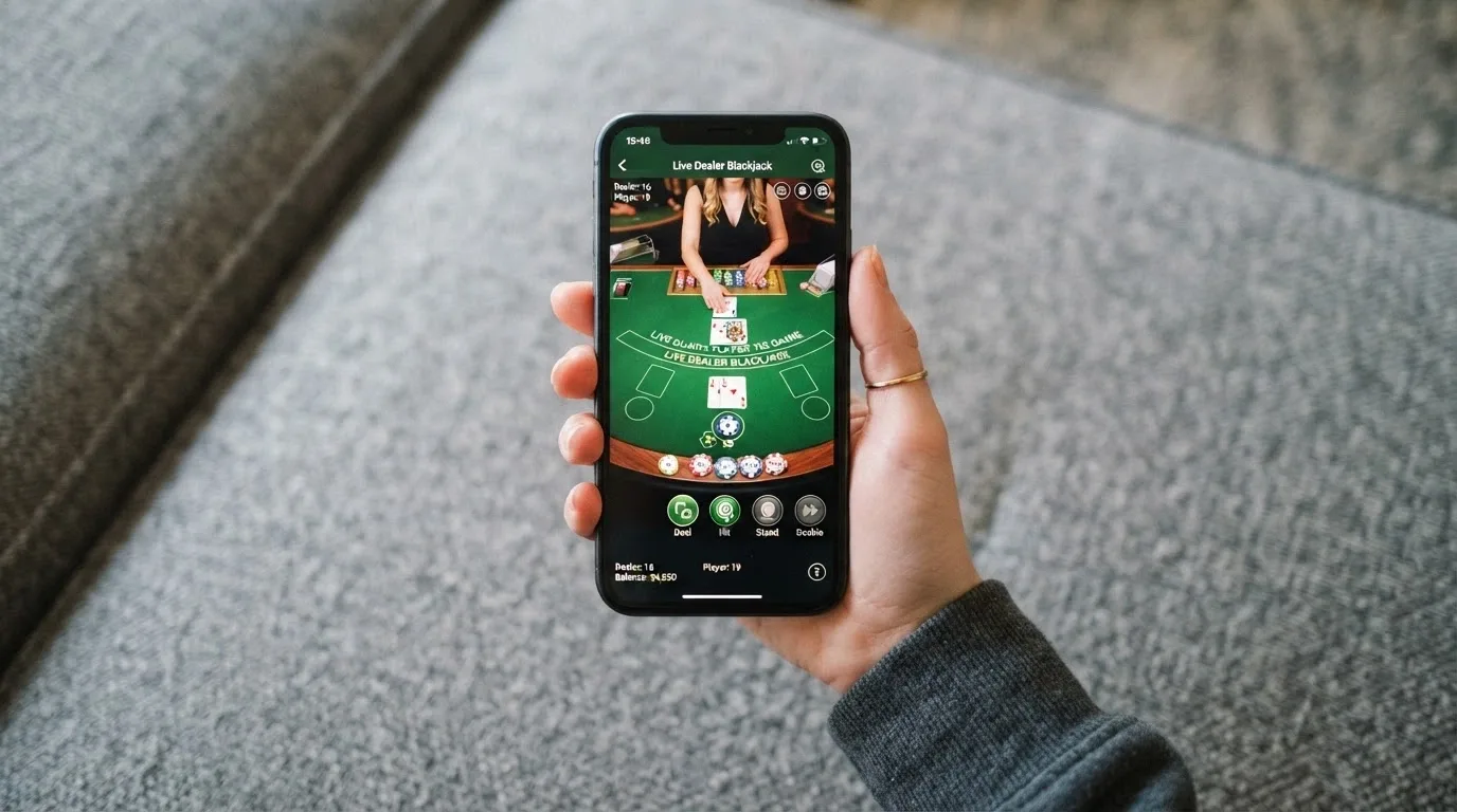 Mano sujetando un teléfono en vertical con una mesa de blackjack en vivo en pantalla, fondo de sofá