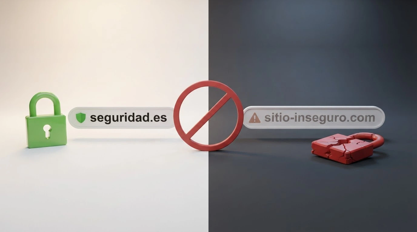 Dos columnas contrapuestas: a la izquierda, el candado verde y el dominio .es sobre fondo blanco; a la derecha, un candado rojo roto y un dominio .com sobre fondo oscuro, con un signo de prohibición entre ambas