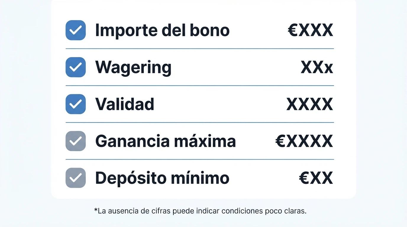 Infografía con cinco casillas de verificación: importe del bono, wagering, validez, ganancia máxima y depósito mínimo