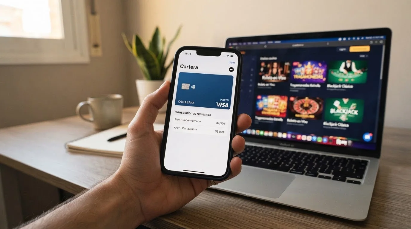 Un iPhone mostrando la app Wallet con una tarjeta vinculada junto a la pantalla de un casino online español en Safari