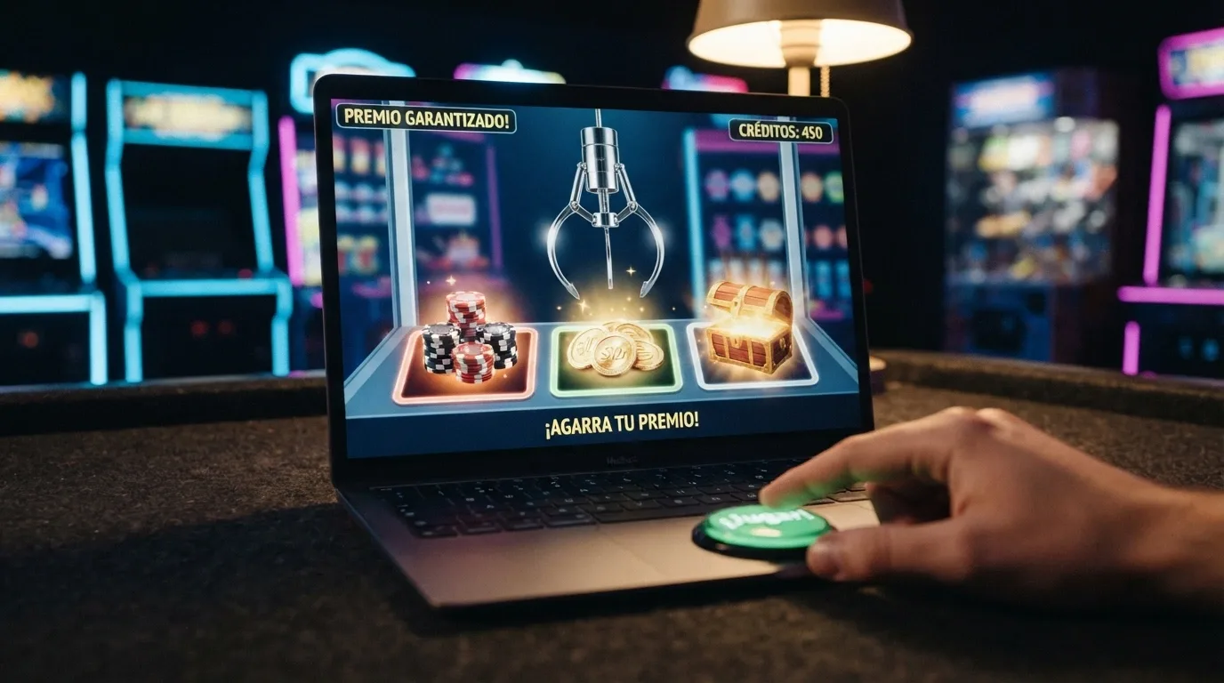 Interfaz de casino con una garra virtual en primer plano y tres premios visibles —dinero, tiradas gratis y un cofre de puntos— sobre un fondo de sala de juegos